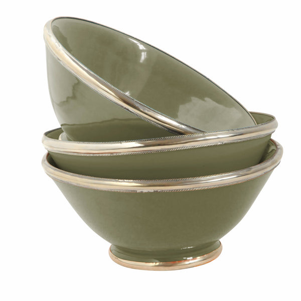 Ceramic Bowl w. Silver Trim, D16 cm, Olive Green