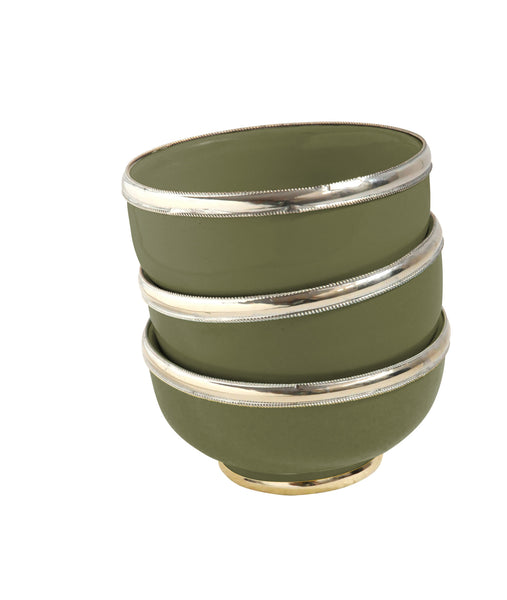Ceramic Bowl w. Silver Trim, D10 cm, Olive Green