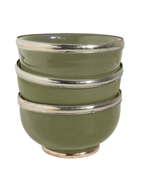 Ceramic Bowl w. Silver Trim, D12 cm, Olive Green